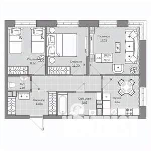 3-к квартира, вторичка, 70м2, 2/19 этаж
