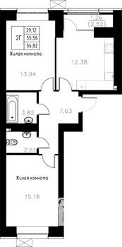 2-к квартира, строящийся дом, 57м2, 4/15 этаж