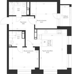 2-к квартира, вторичка, 58м2, 3/23 этаж