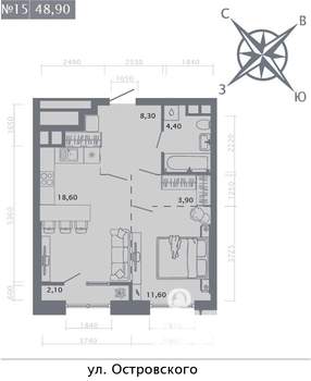 1-к квартира, вторичка, 49м2, 5/8 этаж