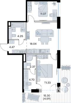 2-к квартира, строящийся дом, 63м2, 7/8 этаж