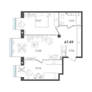2-к квартира, строящийся дом, 67м2, 3/5 этаж