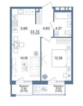 1-к квартира, строящийся дом, 44м2, 2/13 этаж
