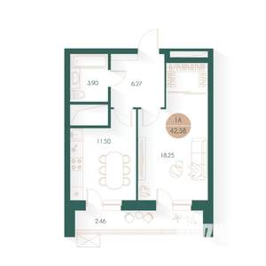 1-к квартира, вторичка, 42м2, 18/24 этаж