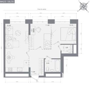 2-к квартира, строящийся дом, 60м2, 11/23 этаж
