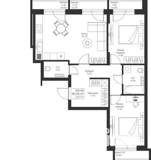 2-к квартира, вторичка, 69м2, 3/25 этаж