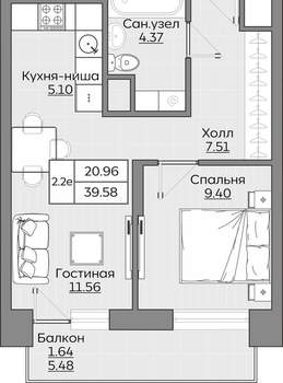 2-к квартира, вторичка, 40м2, 7/24 этаж