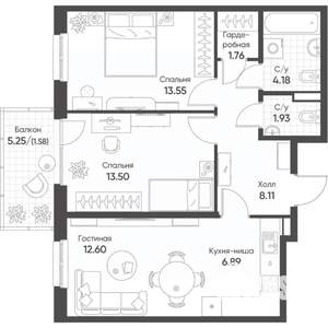 3-к квартира, строящийся дом, 64м2, 5/8 этаж