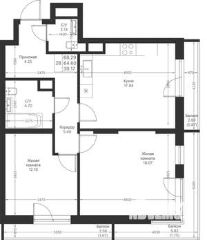 2-к квартира, вторичка, 68м2, 9/25 этаж