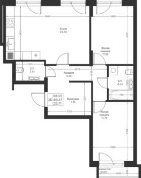 2-к квартира, вторичка, 69м2, 3/25 этаж