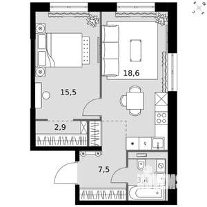 1-к квартира, вторичка, 48м2, 16/20 этаж
