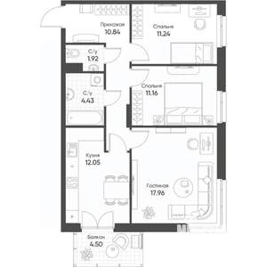 3-к квартира, строящийся дом, 71м2, 20/20 этаж