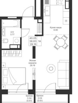 1-к квартира, вторичка, 40м2, 4/24 этаж