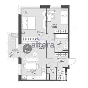3-к квартира, вторичка, 61м2, 4/19 этаж