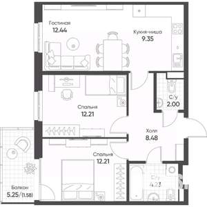 3-к квартира, строящийся дом, 63м2, 8/8 этаж