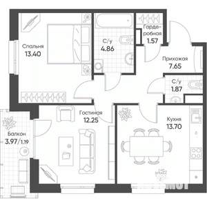 2-к квартира, строящийся дом, 56м2, 13/18 этаж