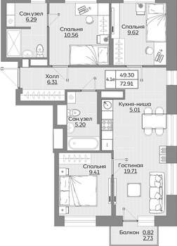 4-к квартира, вторичка, 73м2, 12/24 этаж