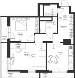 2-к квартира, вторичка, 61м2, 23/25 этаж