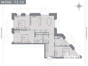 3-к квартира, строящийся дом, 73м2, 4/25 этаж