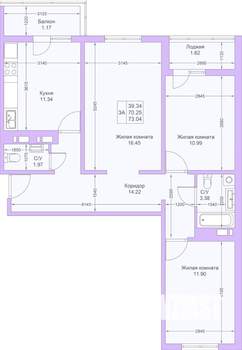3-к квартира, вторичка, 73м2, 2/19 этаж