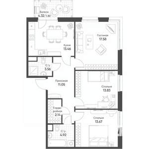 3-к квартира, строящийся дом, 82м2, 13/18 этаж