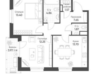 2-к квартира, вторичка, 57м2, 3/18 этаж
