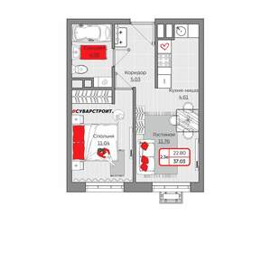 2-к квартира, вторичка, 37м2, 18/19 этаж
