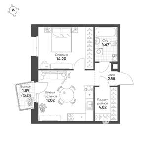 1-к квартира, строящийся дом, 44м2, 3/19 этаж