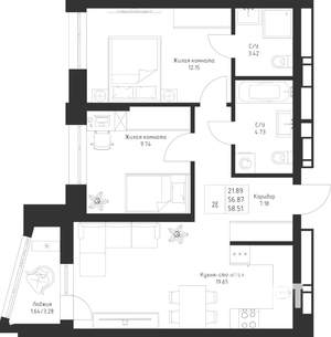 2-к квартира, вторичка, 59м2, 8/23 этаж