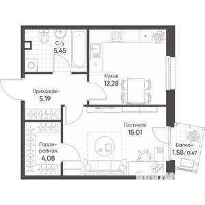 1-к квартира, строящийся дом, 43м2, 2/17 этаж