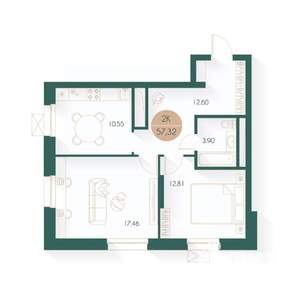 2-к квартира, вторичка, 57м2, 15/24 этаж