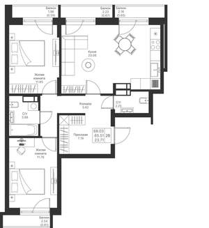 2-к квартира, вторичка, 68м2, 4/24 этаж