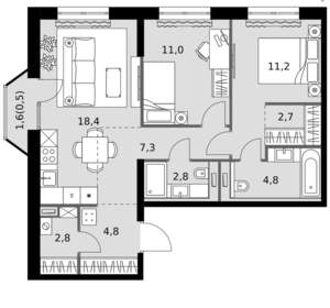 2-к квартира, вторичка, 66м2, 13/20 этаж