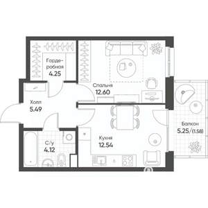 1-к квартира, строящийся дом, 41м2, 8/8 этаж