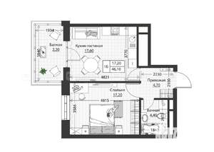 1-к квартира, строящийся дом, 46м2, 3/4 этаж