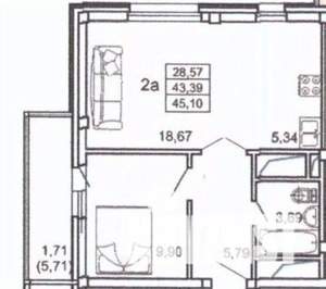 1-к квартира, вторичка, 46м2, 10/19 этаж