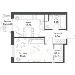 1-к квартира, строящийся дом, 37м2, 13/17 этаж