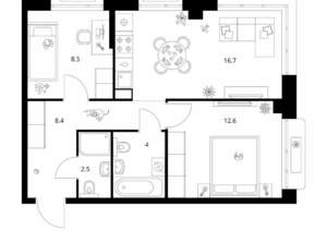 2-к квартира, вторичка, 53м2, 2/26 этаж