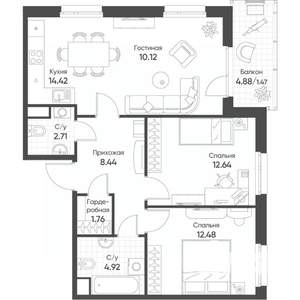 3-к квартира, строящийся дом, 69м2, 3/18 этаж