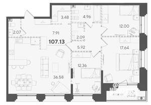 3-к квартира, строящийся дом, 107м2, 5/7 этаж