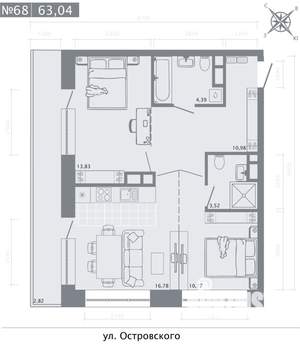 2-к квартира, строящийся дом, 63м2, 6/8 этаж