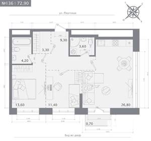 2-к квартира, строящийся дом, 73м2, 7/23 этаж