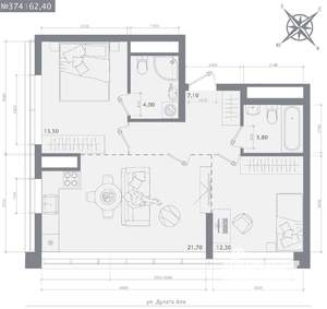 2-к квартира, строящийся дом, 62м2, 4/23 этаж