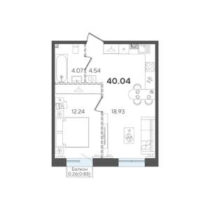 1-к квартира, строящийся дом, 40м2, 2/5 этаж