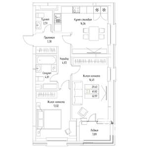 2-к квартира, вторичка, 63м2, 1/9 этаж