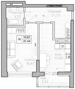 1-к квартира, вторичка, 46м2, 17/20 этаж
