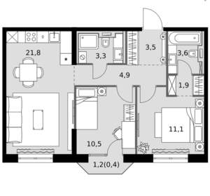 2-к квартира, вторичка, 61м2, 6/20 этаж