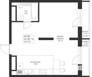 1-к квартира, вторичка, 47м2, 7/25 этаж