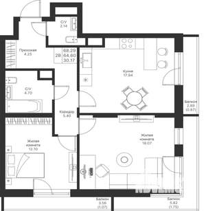 2-к квартира, вторичка, 68м2, 9/25 этаж