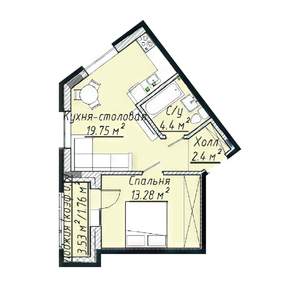 2-к квартира, строящийся дом, 42м2, 2/7 этаж